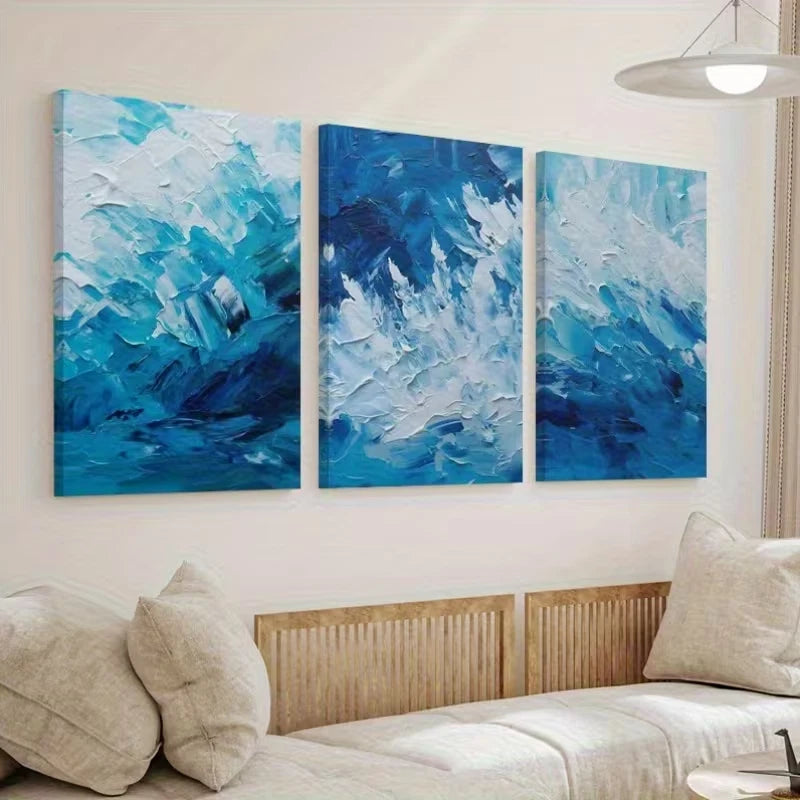 3pcs Modern Blue Textured Abstract Decor Wall Art Set Canvas Framed 60x90cm - High Quality Print 100% Australian Made Wall Canvas Ready to Hang