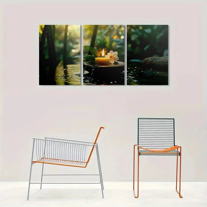 3pcs Serene Zen Garden Orchid and Waterfall Metal Print Ready to Hang Art