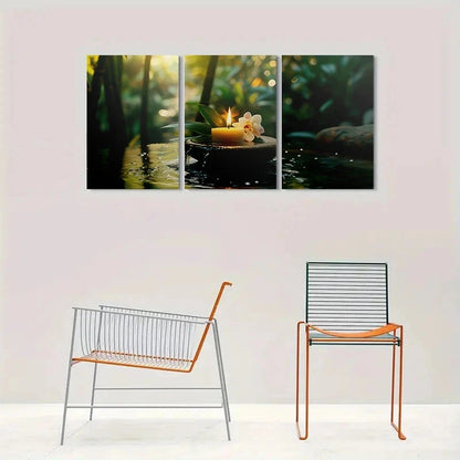 3pcs Serene Zen Garden Orchid and Waterfall Metal Print Ready to Hang Art