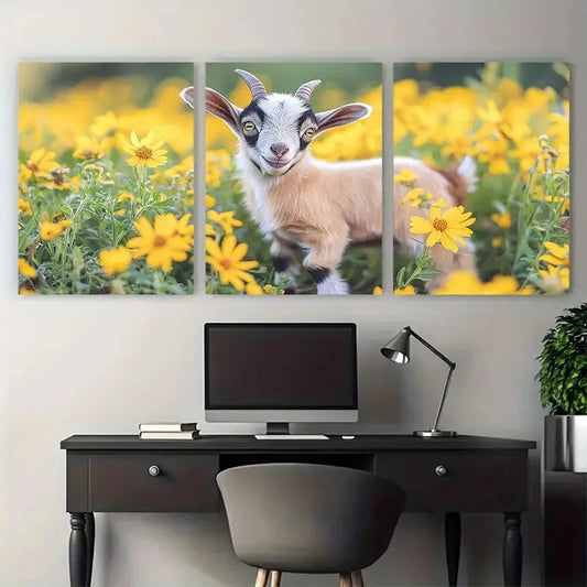 3pcs Cute Goat Kid Baby Exploring a Floral Field Metal Print Ready to Hang Art