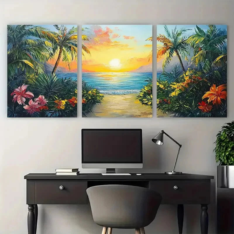 3pcs Tropical Sunset Vibrant Coastal Garden Scene Metal Print Ready to Hang Art