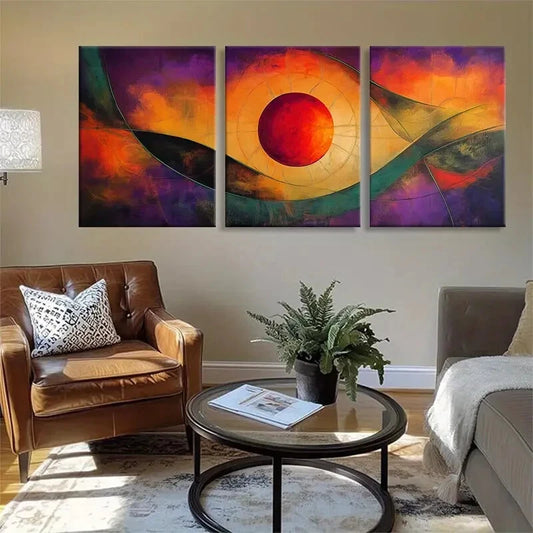 3pcs Vibrant Abstract Geometric Orange & Purple Metal Print Ready to Hang Art