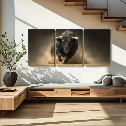 3pcs Black Bull Charge Dusty Arena Powerful Beast Metal Print Ready to Hang Art