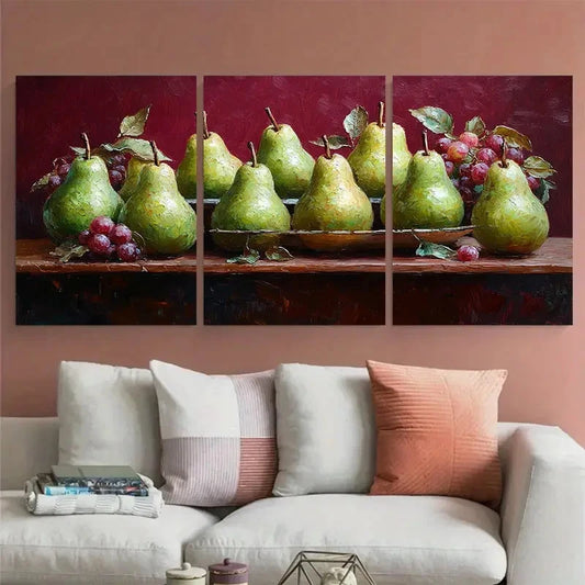 3pcs Life of Green Pears on a Maroon Background Wall Art Set Canvas Framed 60x90cm - High Quality Print 100% Australian Made Wall Canvas Ready to Hang