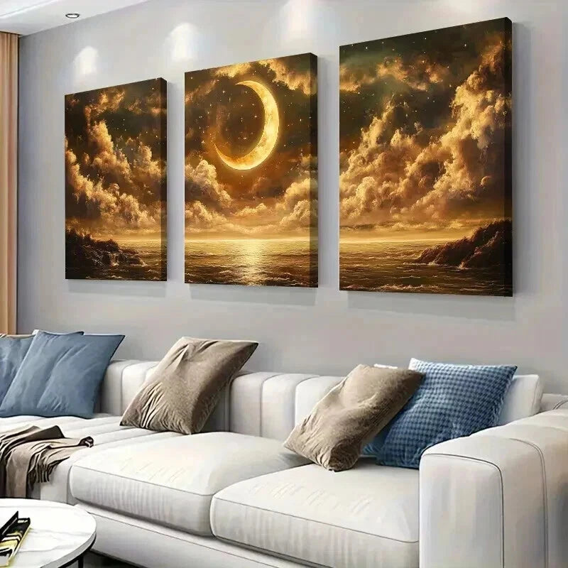 3pcs Golden Moon & Star Reflecting on Stormy Sea Wall Art Set Canvas Framed 40x60cm - High Quality Print 100% Australian Made Wall Canvas Ready to Hang