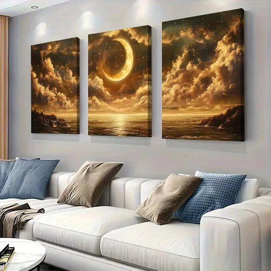 3pcs Golden Moon & Star Reflecting on Stormy Sea Wall Art Set Canvas Framed 40x60cm - High Quality Print 100% Australian Made Wall Canvas Ready to Hang
