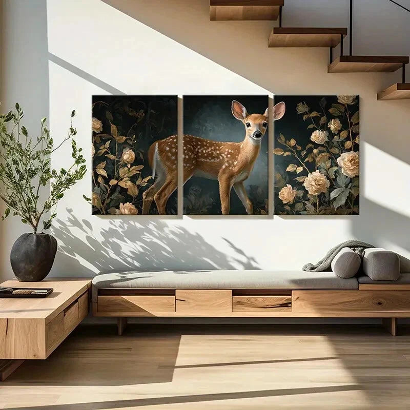 3pcs Deer Illustration Floral Surroundings Nature Metal Print Ready to Hang Art