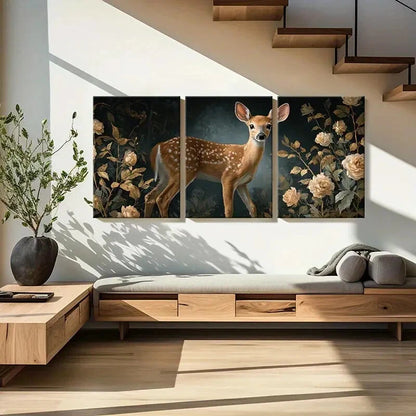 3pcs Deer Illustration Floral Surroundings Nature Metal Print Ready to Hang Art