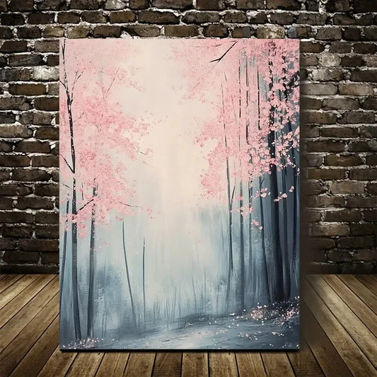 Cherry Blossom Forest Pink & Blue Hues Painting 40x60cm Metal Print Ready to Hang