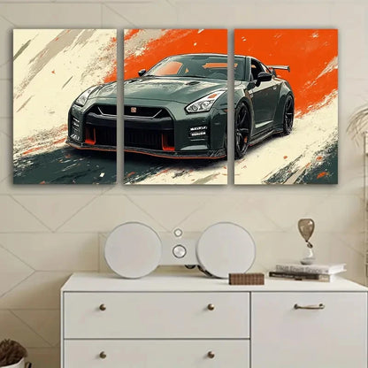 3pcs Green Nissan GT-R Car Abstract Wall Art Set Canvas Framed 50x70cm - High Quality Print 100% Australian Made Wall Canvas Ready to Hang