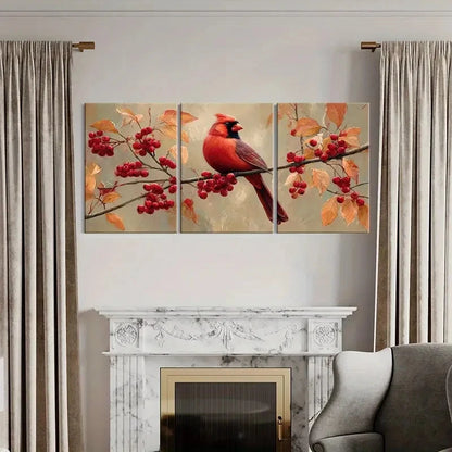 3pcs Cardinal Bird Red Berries Autumn Leaves Metal Print Ready to Hang Art