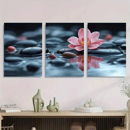3pcs Zen Orchid Serene Water Reflection Pebble Metal Print Ready to Hang Art