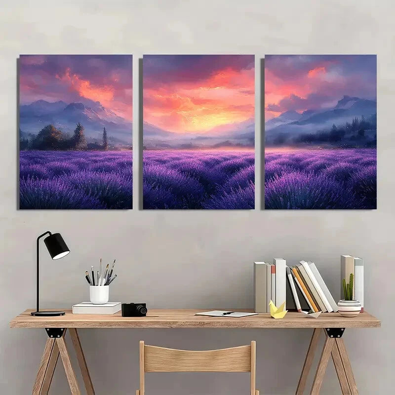 3pcs Lavender Field Provence Watercolor Art Metal Print Ready to Hang Art