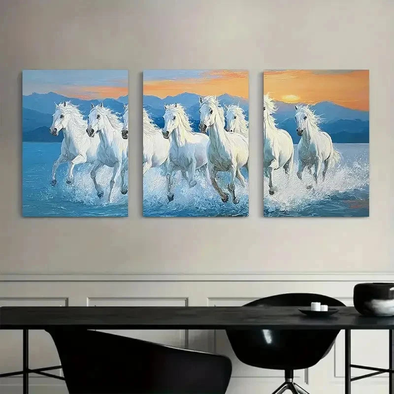 3pcs White Horses Galloping on the Sea Metal Print Ready to Hang Art