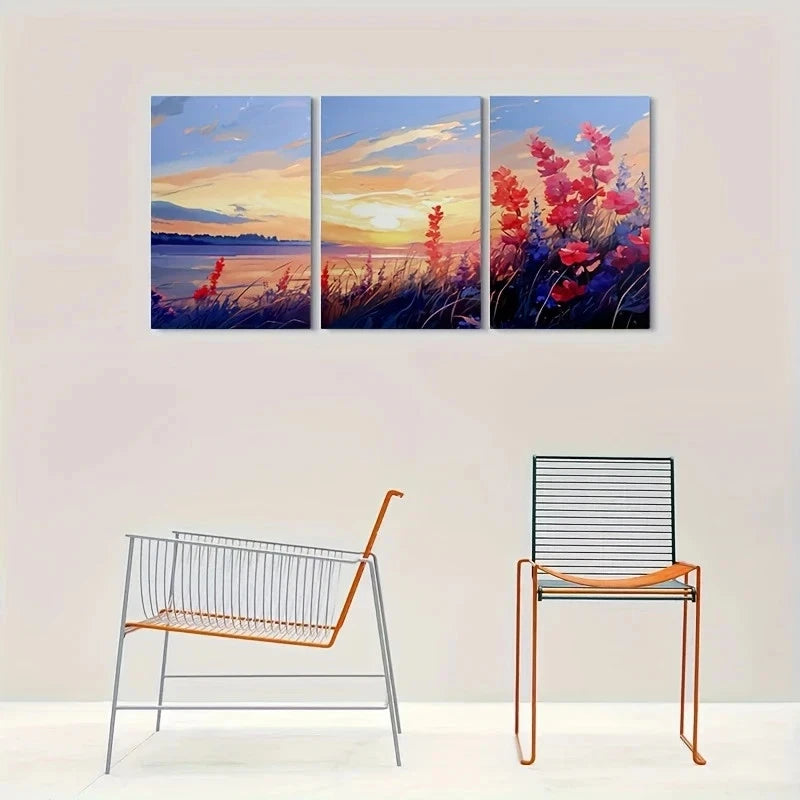 3pcs Sunset Lake with Wildflowers Metal Print Ready to Hang Art