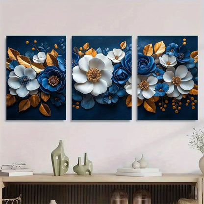 3pcs Elegant Floral Navy Blue & Golden Accents Metal Print Ready to Hang Art