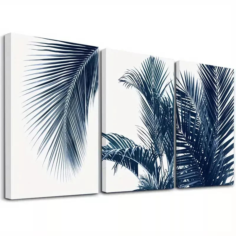 3pcs Classic Retro Minimalist Blue Palm Leaves wall Art Set Canvas Framed 50x70cm -  High Quality Print 100% Australian Made Wall Canvas Ready to Hang