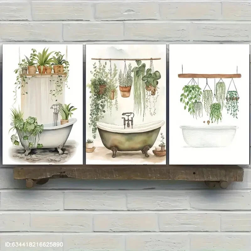 3pcs Botanical Bathtub Print Hanging Botanical Metal Print Ready to Hang Art