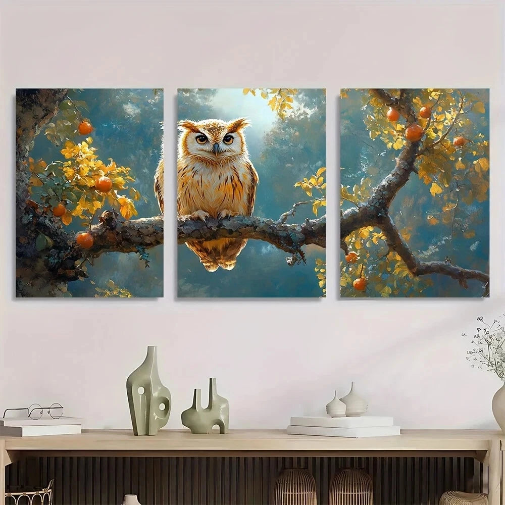 3pcs Owl Branch with Autumn Leaves & Fruits Nature Metal Print Ready to Hang Art