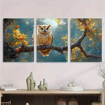 3pcs Owl Branch with Autumn Leaves & Fruits Nature Metal Print Ready to Hang Art