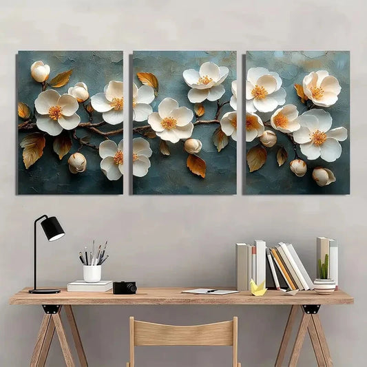 3pcs White Blooming Flowers Texture Metal Print Ready to Hang Art