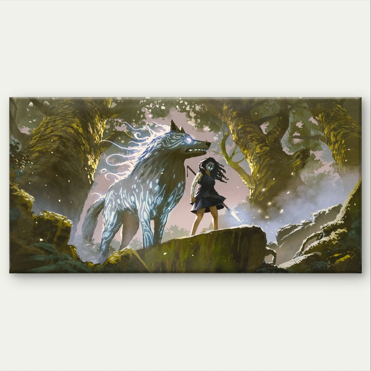 Fantasy Warrior Girl With Wolf Wall Art Canvas Office Home Framed 120x60cm