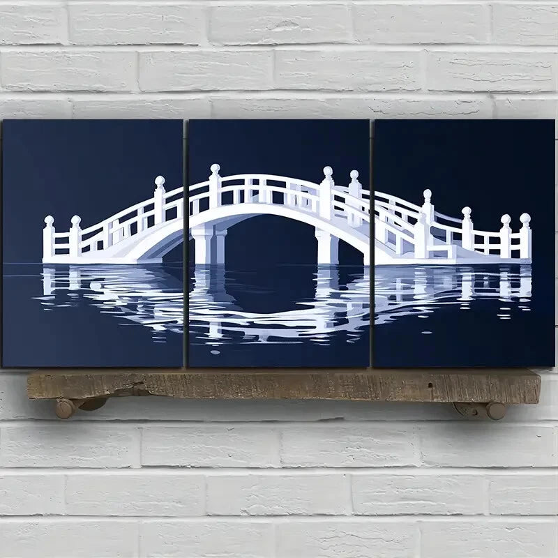 3pcs Arch Bridge Reflection Blue Themed Metal Print Ready to Hang Art