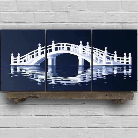3pcs Arch Bridge Reflection Blue Themed Metal Print Ready to Hang Art