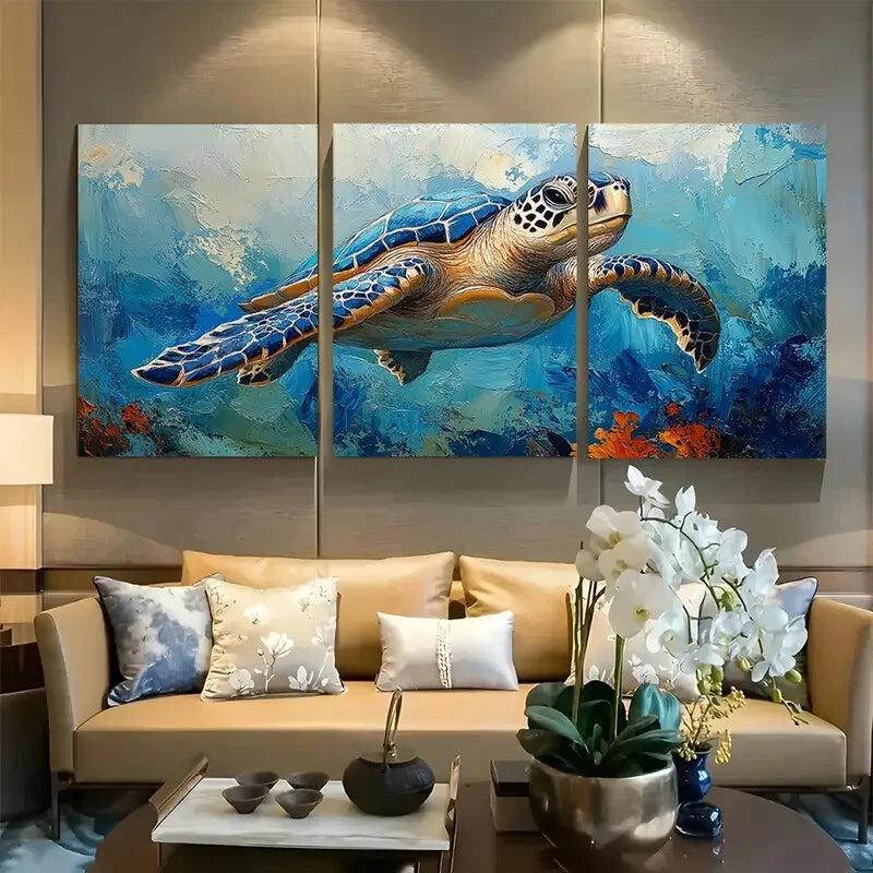 3pcs Sea Turtle Swimming with Intricate Shell Metal Print Ready to Hang Art