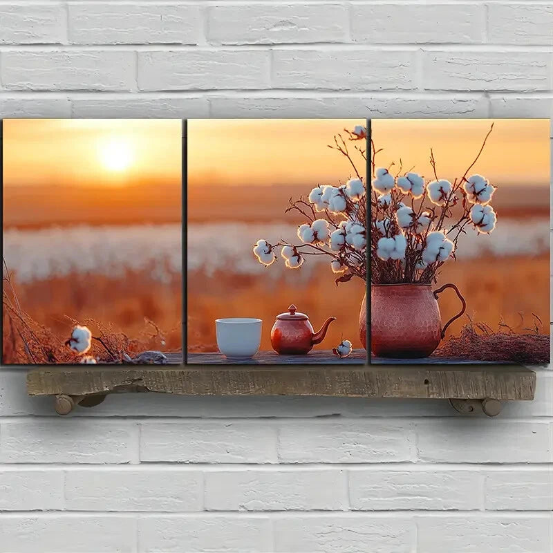 3pcs Teapots and Cups in The Fields Sunrise Metal Print Ready to Hang Art