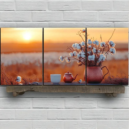 3pcs Teapots and Cups in The Fields Sunrise Metal Print Ready to Hang Art