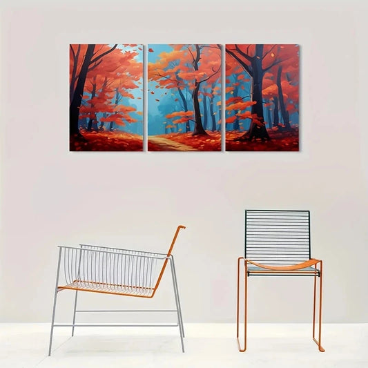 3pcs Autumn Forest Vibrant Falling Leaves Metal Print Ready to Hang Art