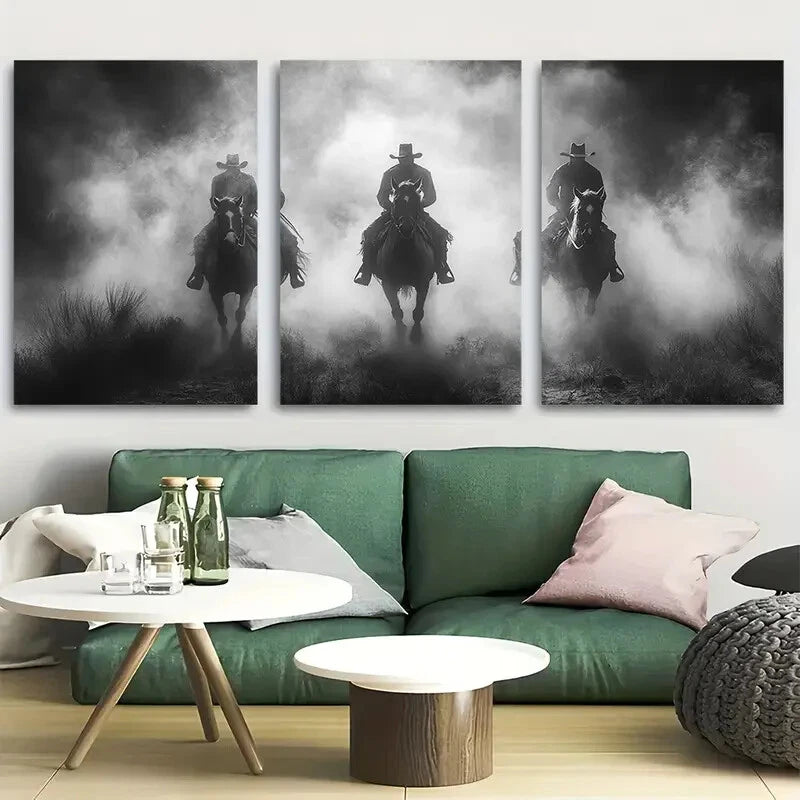 3pcs Cowboys on Horseback Black and White Design Metal Print Ready to Hang Art