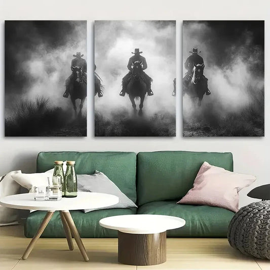 3pcs Cowboys on Horseback Black and White Design Metal Print Ready to Hang Art