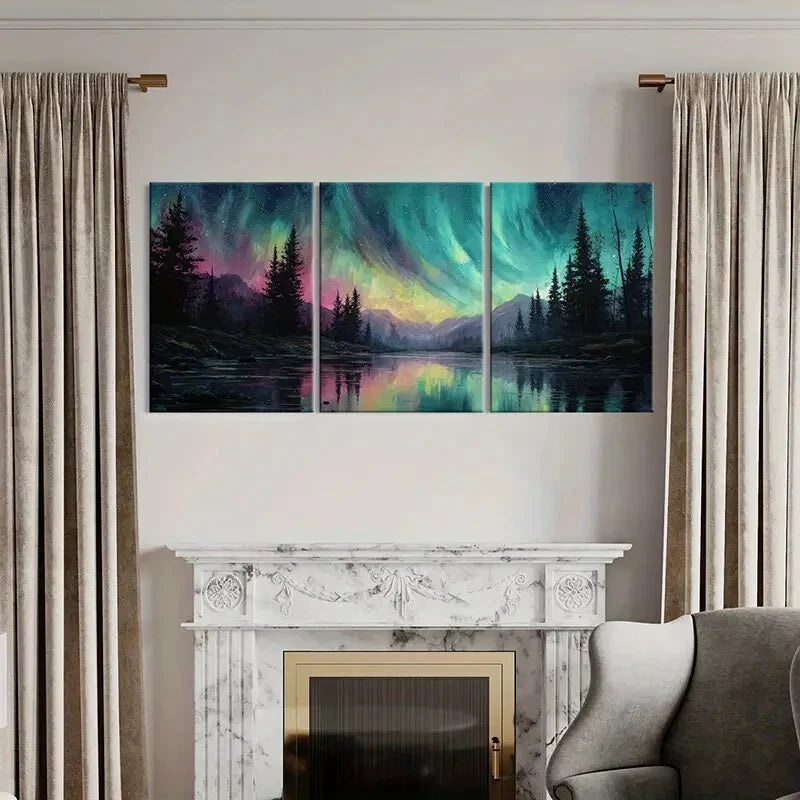 3pcs Vibrant Aurora Borealis Forest & Mountain Metal Print Ready to Hang Art
