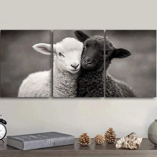 3pcs Featuring Black and White Lamb Metal Print Ready to Hang Art