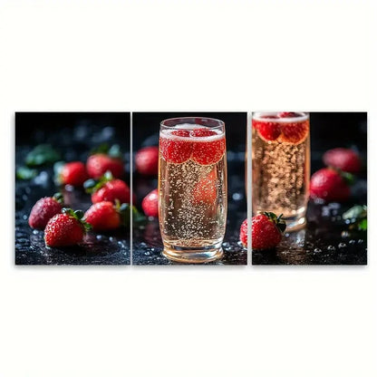 3pcs Elegant Champagne and Strawberries Design Wall Art Set Canvas Framed 50x70cm - High Quality Print 100% Australian Made Wall Canvas Ready to Hang