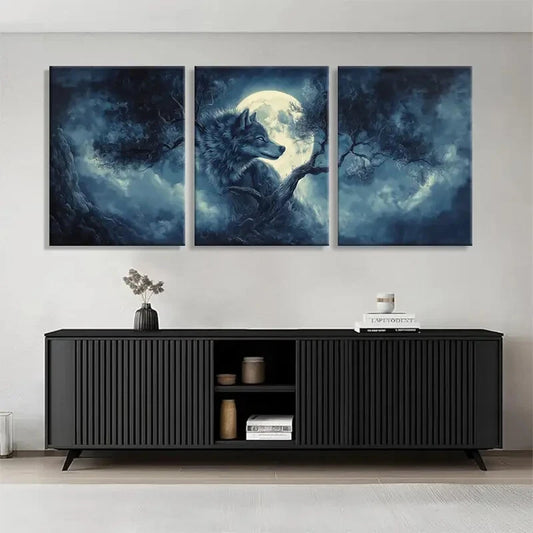 3pcs Majestic Wolf Under the Full Night Perfect Wall Art Set Canvas Framed 40x60cm - High Quality Print 100% Australian Made Wall Canvas Ready to Hang