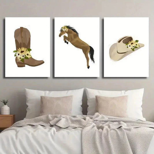 3pcs Hat & Jumping Horse Yellow Daisy Perfect Wall Art Set Canvas Framed 40x60cm - High Quality Print 100% Australian Made Wall Canvas Ready to Hang