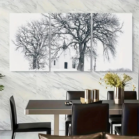 3pcs - Snowy Forest Scene with Bare Trees Metal Print Ready to Hang Art