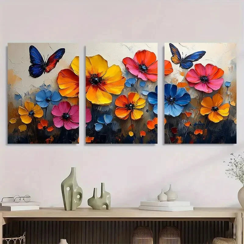 3pcs Vibrant Floral & Butterfly Modern Abstract Metal Print Ready to Hang Art