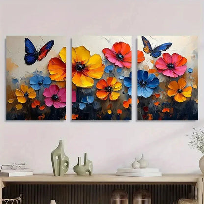 3pcs Vibrant Floral & Butterfly Modern Abstract Metal Print Ready to Hang Art