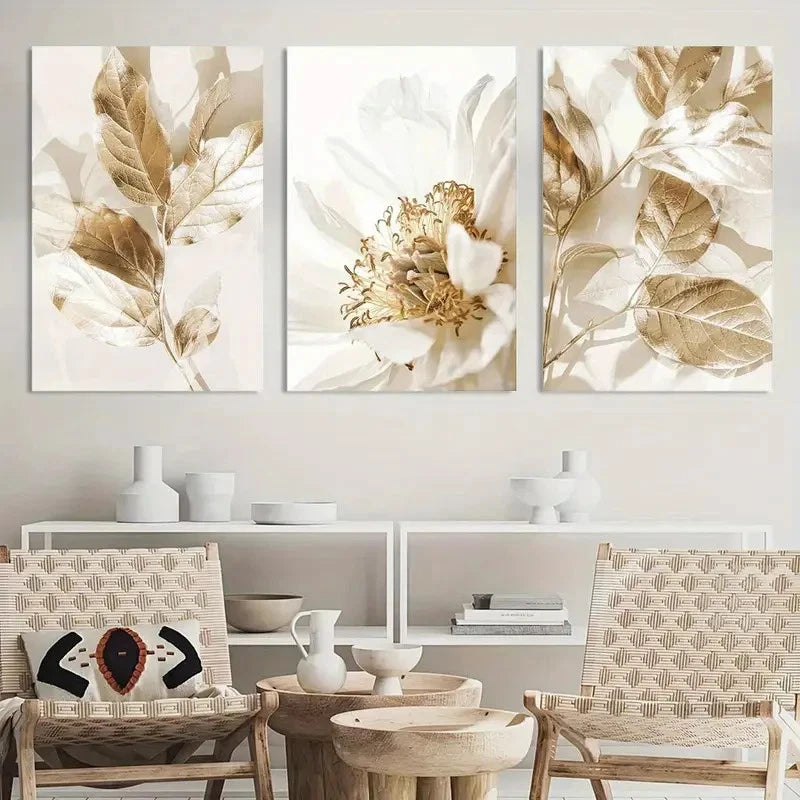 3pcs Modern White Floral & Golden Leaf Paintings Metal Print Ready to Hang Art