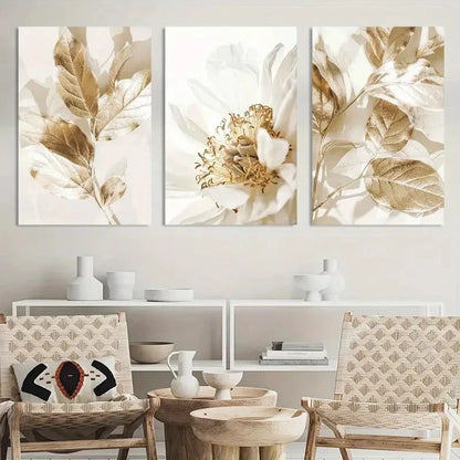 3pcs Modern White Floral & Golden Leaf Paintings Metal Print Ready to Hang Art