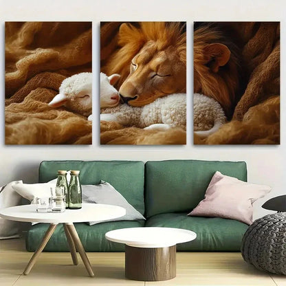 3pcs Lion and Lamb with Warm Tones Metal Print Ready to Hang Art