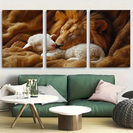 3pcs Lion and Lamb with Warm Tones Metal Print Ready to Hang Art