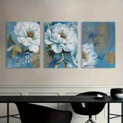 3pcs Golden and Blue Floral Design Metal Print Ready to Hang Art