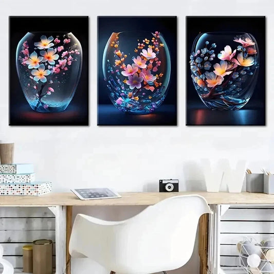 3pcs Modern Floral Flower Blue & Orange Perfect Wall Art Set Canvas Framed 60x90cm - High Quality Print 100% Australian Made Wall Canvas Ready to Hang
