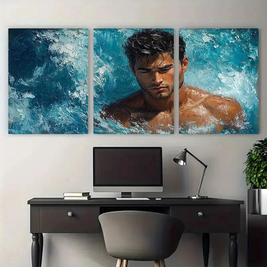 3pcs Mermaid Male Body Men in water Illustration Metal Print Ready to Hang Art