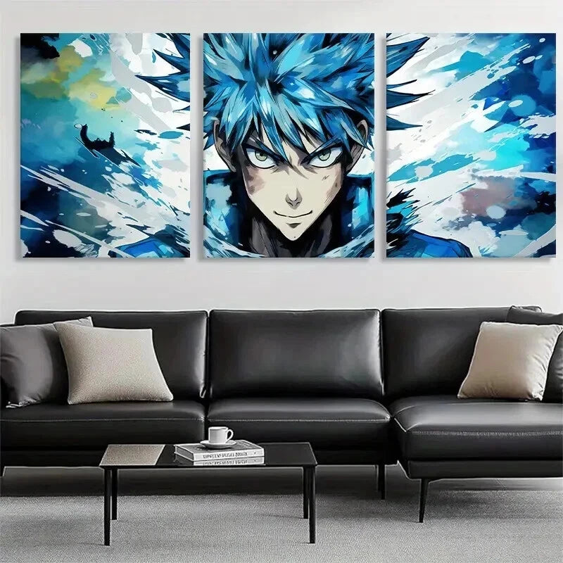 3pcs Anime Character Blue Haired Hero Perfect Wall Art Set Canvas Framed 50x70cm - High Quality Print 100% Australian Made Wall Canvas Ready to Hang